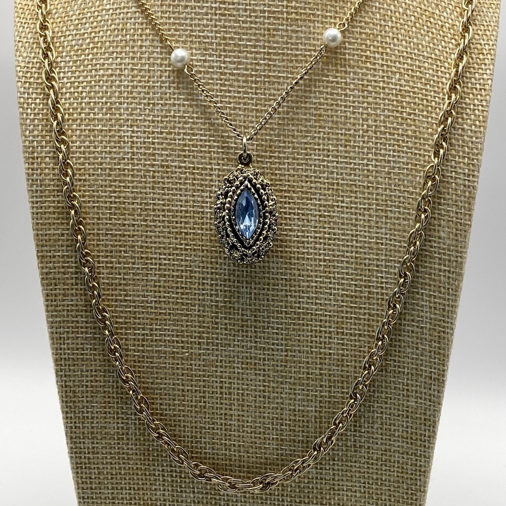 Unsigned Gold Tone Necklace Vintage 1990s Blue March Birthstone OS